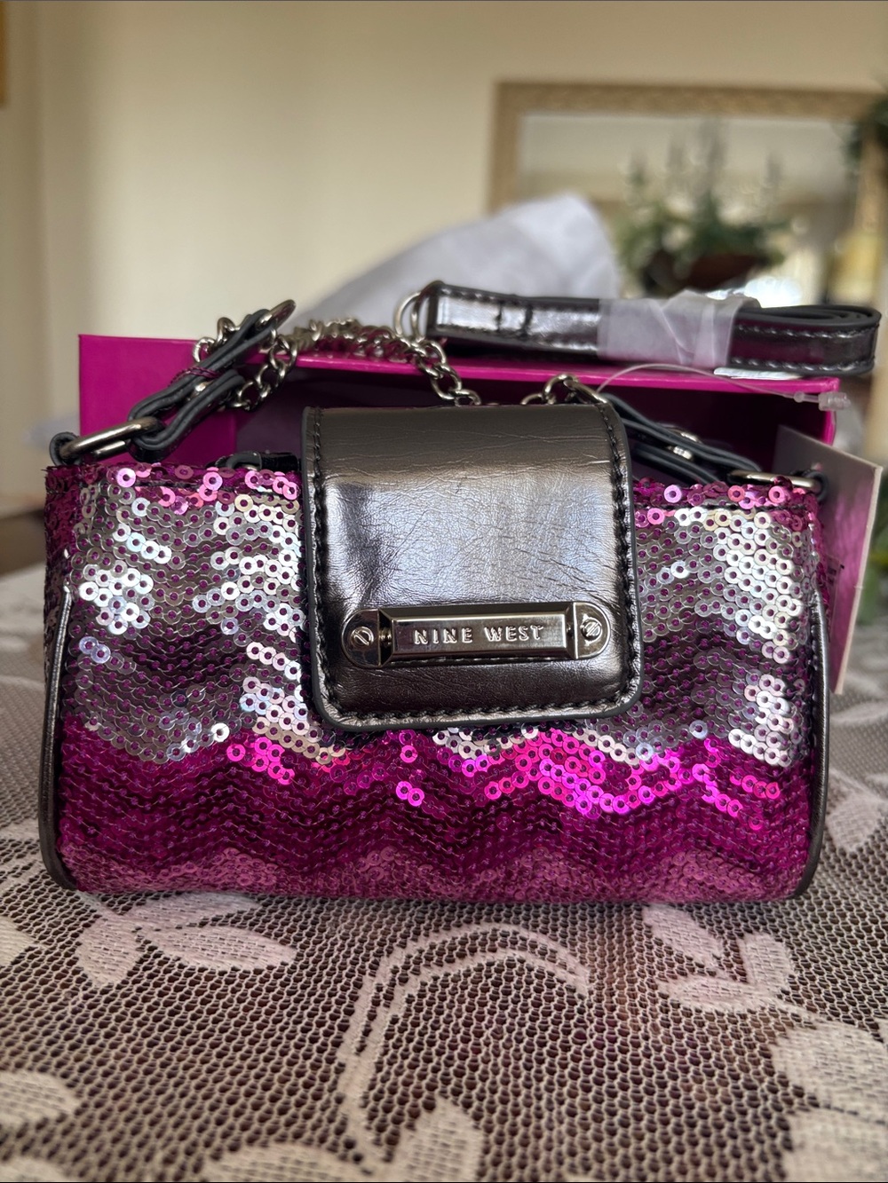 NIB Nine West Pink and Silver Sequin Phone Clutch with Logo Plate. Original box